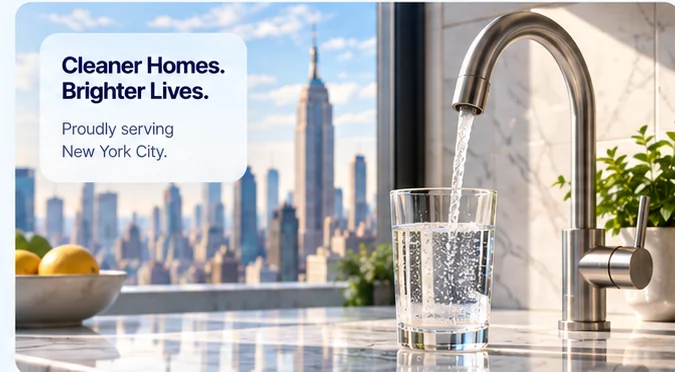 Fresh filtered water filling a glass in a bright New York City kitchen