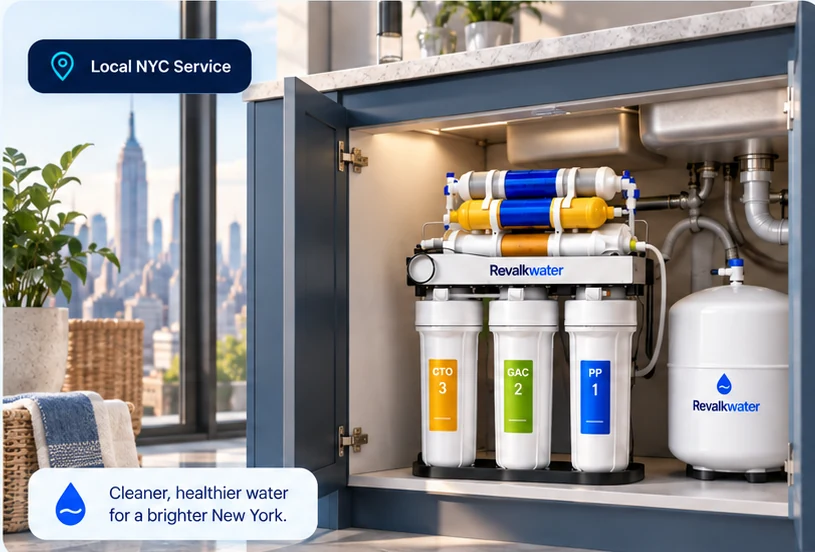 Revalkwater reverse osmosis system professionally installed beneath a kitchen sink in a New York home